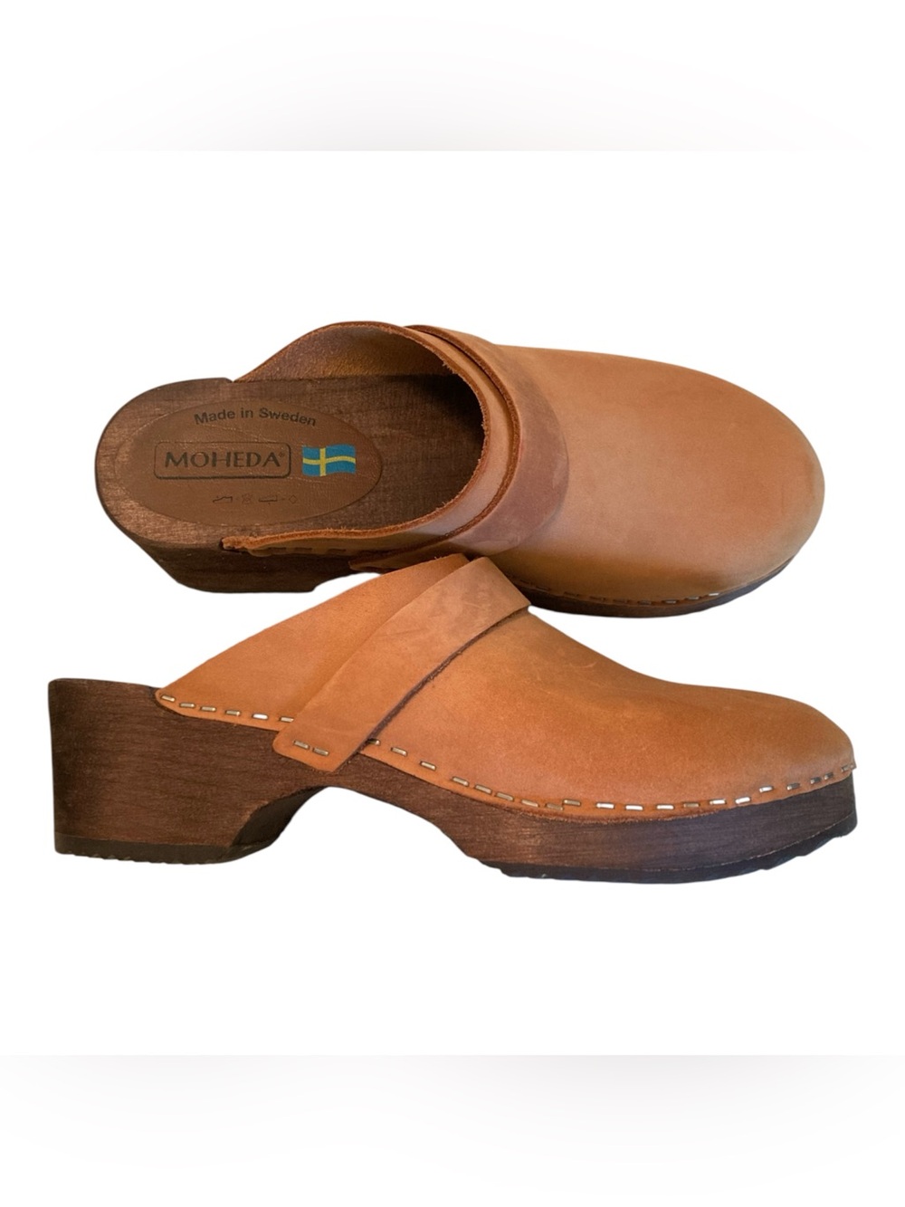 Moheda Wooden Clogs Tan Brown Leather Nubuck Sz 38 7/7.5 US Sweden Fall